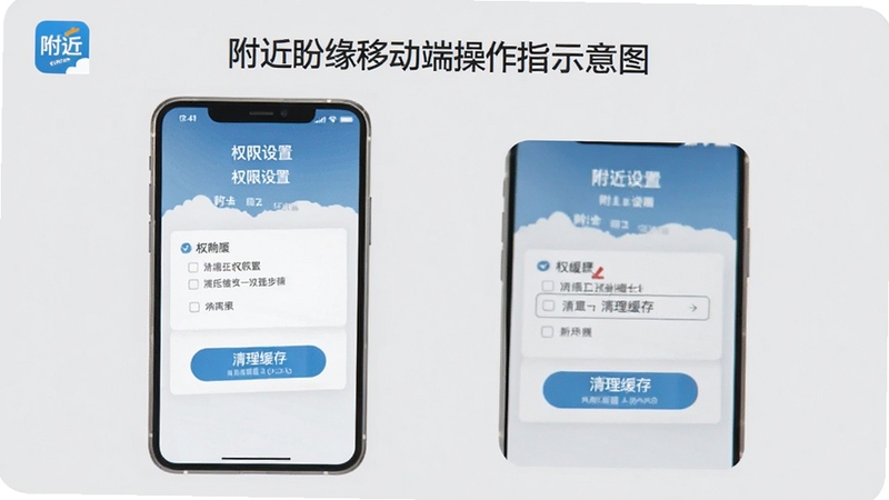 附近盼缘移动端操作指南示意图,画面展示手机屏幕上的权限设置步骤与清理缓存按钮,背景为浅灰色极简风格,突出附近盼缘的使用教程场景