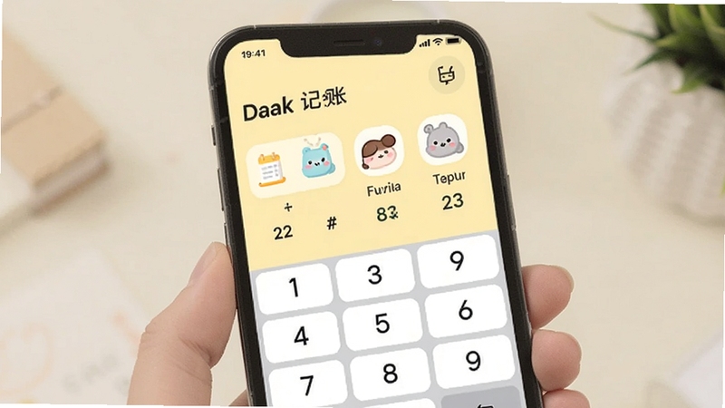 Daak记账极速记账界面展示,手机屏幕中显示数字键盘和可爱的分类图标,背景为柔和的浅黄色,整体风格清新简洁