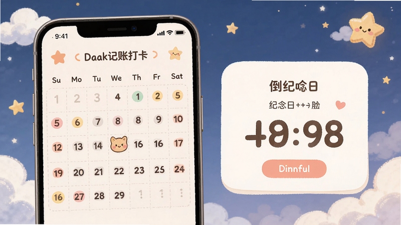 Daak记账打卡与倒数日功能界面,展示习惯打卡日历和纪念日倒计时卡片,风格温馨可爱,背景有云朵和星星装饰