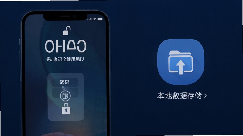 Daak记账安全使用场景,展示手机锁屏手势密码和本地数据存储图标,背景为深蓝色护眼色调,突出隐私保护