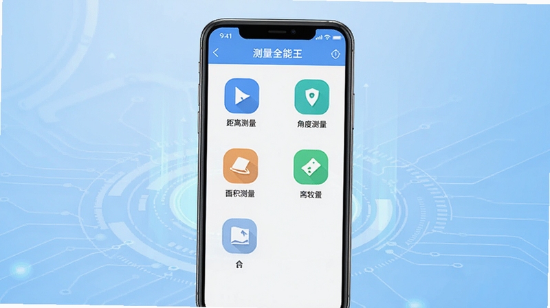测量全能王软件主界面全貌预览图,画面中央展示手机屏幕内测量全能王应用界面,包含距离测量、角度测量、面积测量等多个功能图标,背景为浅蓝色渐变科技风格,界面简洁清晰,突出工具类应用的专业感与易用性