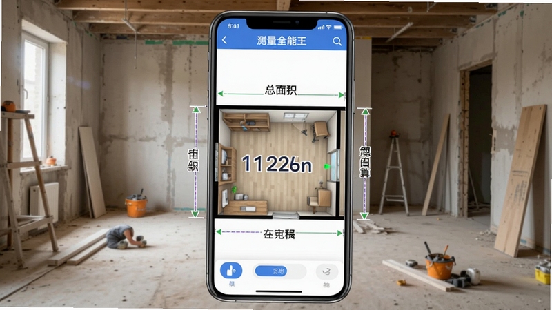 测量全能王面积测量功能示意图,手机屏幕展示一个矩形房间的俯视图,屏幕上标注出各边长度与总面积数值,背景为装修施工现场,测量全能王应用界面清晰显示计算结果