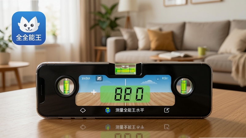 测量全能王水平仪功能展示图,手机平放在桌面上,屏幕显示电子水平仪界面,气泡居中表示桌面水平,背景为家居客厅环境,测量全能王应用图标清晰可见,整体色调温馨自然