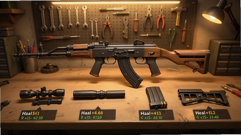 AK47(���Է�)ǹе��װ����̨���棬�����ϰڷ���AK47��ǹ�����ֿ��滻�����������׼��������������ϻ��ǹ�еȣ�ÿ������Ա�ע�����Լӳ���ֵ������Ϊůɫ�������ڸ�װ���䣬����ǽ�����ɼ�