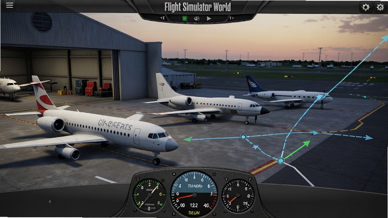 Flight Simulator World 游戏界面中展示多架不同型号飞机停在机库前,背景是黄昏时分的机场跑道,画面带有仪表盘元素与航线指示线条,写实风格,细节丰富