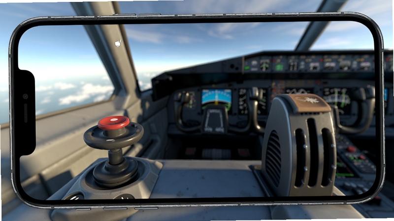 Flight Simulator World 手机屏幕特写,画面中显示虚拟摇杆与油门推杆控件,背景是驾驶舱视角下的蓝天与云层,光线柔和,科技感与写实感结合