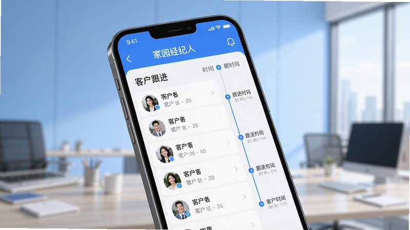 新家园经纪人 客户跟进页面 手机屏幕展示 客户列表与跟进时间线 背景为柔和渐变蓝色 商务办公氛围 高清UI细节