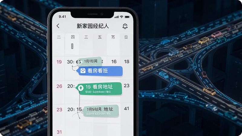 新家园经纪人 带看日程界面 手机日历视图 标注看房时间与地址 背景为城市交通路网抽象线条 简洁科技感