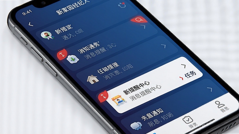 新家园经纪人 消息提醒中心 手机通知列表 红色角标与任务卡片 背景为深蓝渐变 现代移动应用界面