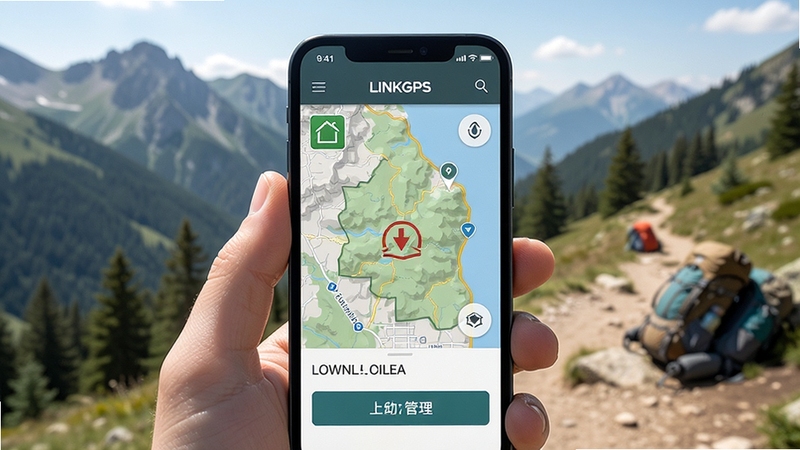LINKGPS���ߵ�ͼģʽչʾ���ֻ���Ļ��ʾ����������ĵ�ͼ��Ƭ�����������߱�ʶ�����ع�����ť������Ϊɽ�����⻷��