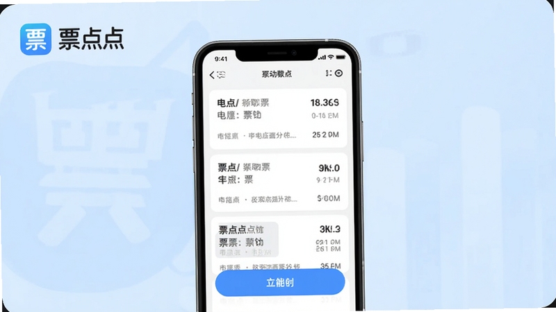 票点点应用主界面展示,画面中央为手机屏幕内显示电子发票列表与功能按钮,背景为简洁商务风格的浅蓝色渐变,左上角有票点点Logo标识,整体色调清爽专业,适配Boogu模型生成