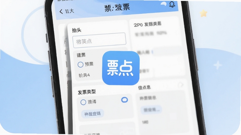 票点点电子发票开具界面,手机屏幕显示填写开票信息的表单页面,包含抬头输入框和发票类型选项,背景为柔和的白色与淡蓝色搭配,画面中央有票点点应用图标,风格简洁明快