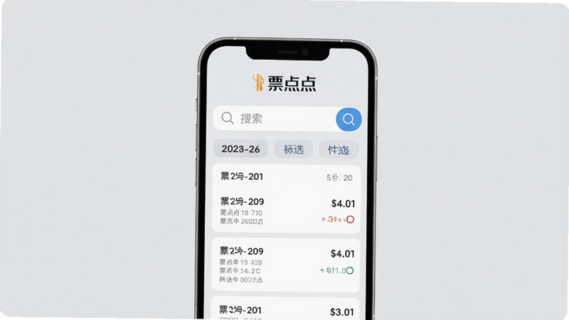 票点点发票查询功能展示,手机屏幕呈现发票列表按日期排列,带有搜索框和筛选标签,背景为浅灰色极简风格,屏幕上方显示票点点文字标识,整体视觉干净利落
