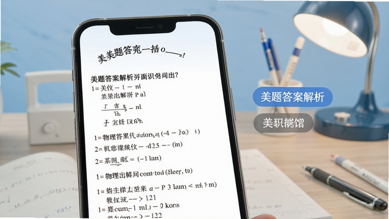 美题答案解析界面展示,手机屏幕显示一道物理题的详细解题步骤,文字清晰,旁边有知识点标签,背景为淡蓝色学习氛围