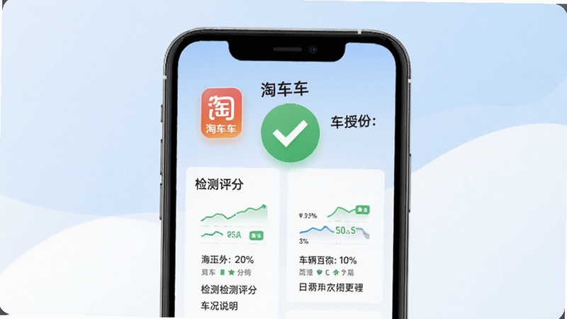 淘车车 车辆检测报告页面展示,画面主体为手机屏幕内呈现检测项目评分表与车况说明,背景区域为淡蓝色与白色交错的柔和渐变,突出报告图标与对勾标识,整体风格专业可信