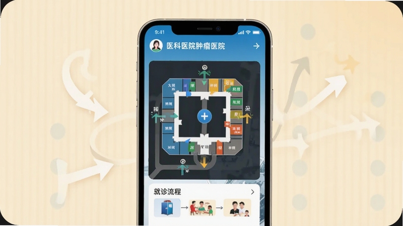 ҽ��Ժ����ҽԺApp����ָ��ģ��չʾ����������Ϊ�ֻ���Ļ�е�ҽԺ¥�㵼��ͼ���������ͼ������Ϊ��ůǳɫ����ͻ��ָ����ͷ����ұ�ע������Booguģ������