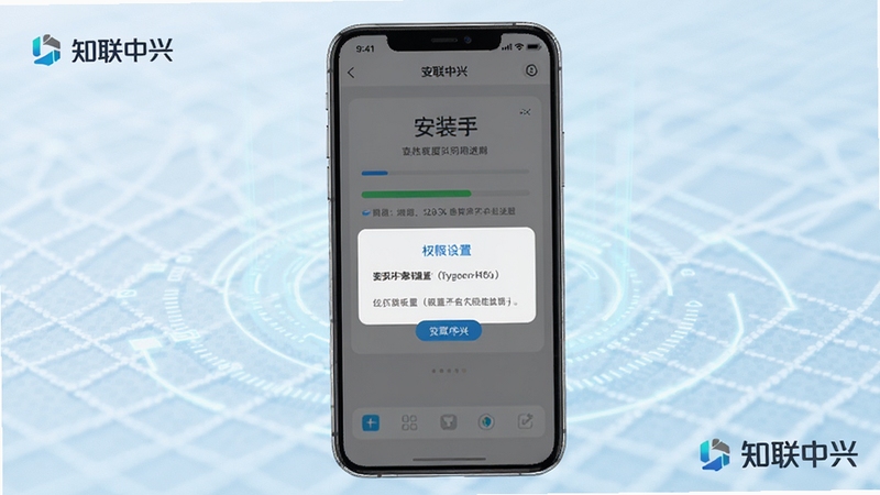 知联中兴 安装操作指引示意图,画面主体为一部手机展示应用安装进度条与权限设置弹窗界面,背景为淡蓝色科技网格纹理,整体风格清晰直观,帮助用户理解安装步骤,画面角落可带有知联中兴文字标识