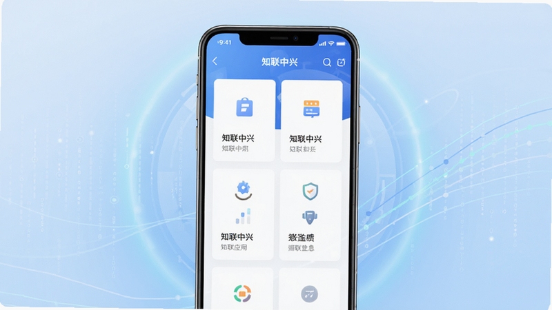 知联中兴 官方应用界面全景展示图,主体为一部竖屏智能手机居中放置,屏幕内呈现知联中兴应用首页的卡片式功能布局,背景为浅蓝色渐变科技感光晕与抽象数据线条,画面风格简洁明快,突出移动端应用的便捷与专业感