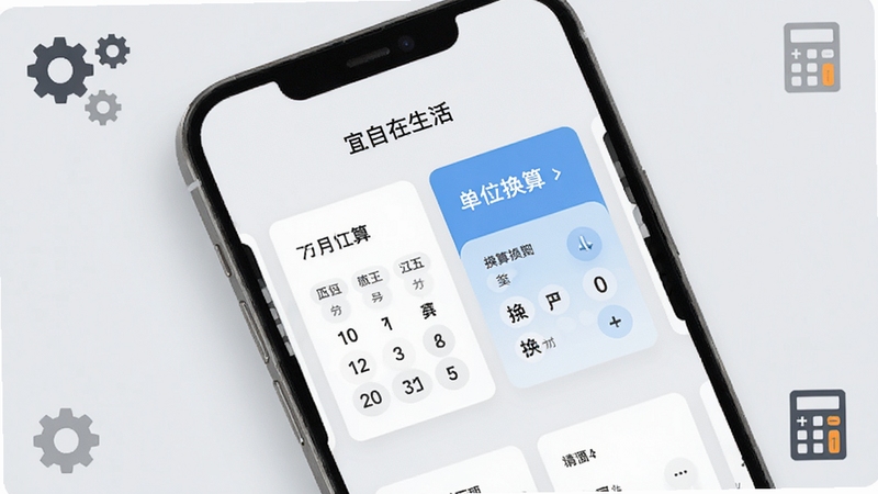 宜自在生活小工具集合页面展示,手机屏幕呈现日期计算与单位换算功能卡片,背景为淡灰色极简风格,画面角落点缀齿轮与计算器图标,突出工具实用属性
