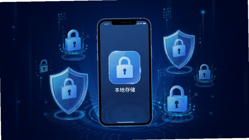 宜自在应用数据安全与隐私保护示意图,画面中央展示手机屏幕上的本地存储图标,周围环绕盾牌与锁形符号,背景为深蓝色科技感渐变,突出数据安全与隐私保护主题