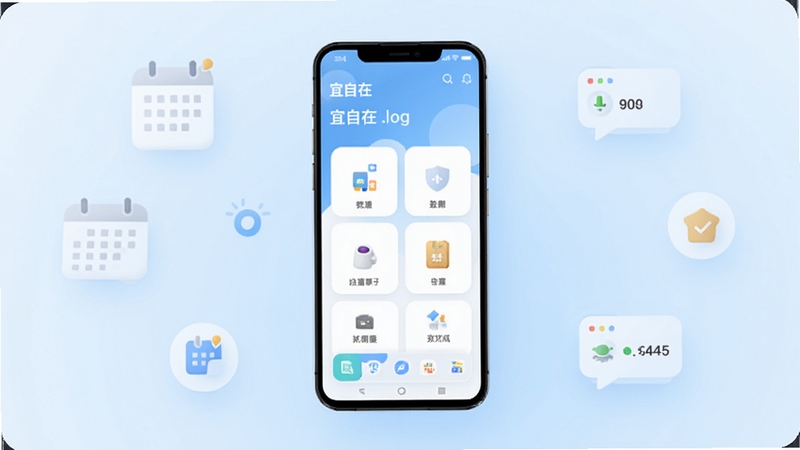 一款名为宜自在的安卓手机应用主界面全貌展示,画面中央放置手机模型,屏幕显示简洁清新的生活服务功能布局,背景为柔和的浅蓝色渐变区域,四周点缀轻量化的日程图标与状态记录符号,整体风格明亮现代,适配Boogu模型生成