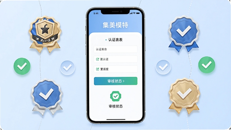集美模特认证页面示意图,画面中心为手机屏幕显示认证表单与审核状态标识,背景区域为浅蓝色调,四周环绕认证徽章与勾选图标,整体风格专业简洁,适配Boogu模型生成
