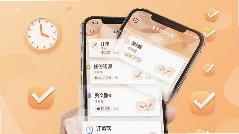 集美模特接单管理界面,手机屏幕显示订单列表与任务状态标签,画面主体为手机与订单卡片,背景区域为浅橙色渐变,点缀时钟与勾选图标,整体氛围高效有序,适合Boogu模型生成