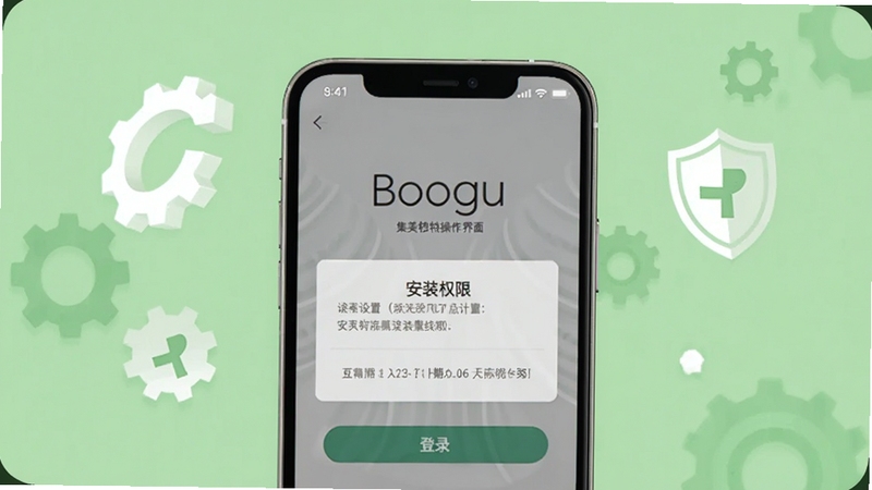 集美模特移动端操作界面截图,画面主体为手机屏幕显示安装权限设置与登录页面,背景区域为浅绿色调,点缀齿轮与盾牌图标,整体风格清晰实用,适合Boogu模型生成