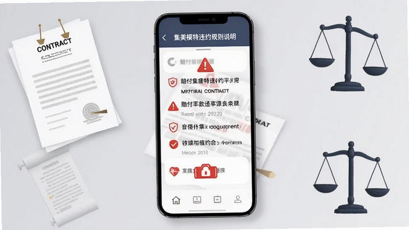 集美模特违约规则说明页面,画面主体为手机屏幕显示赔付条款文字与警示图标,背景区域为浅灰色调,四周点缀合同与天平元素,整体风格严谨规范,适配Boogu模型生成