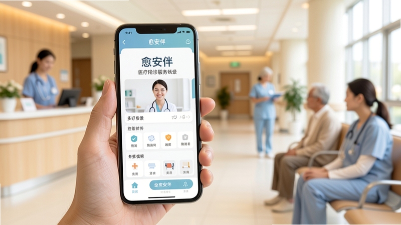 愈安伴 医疗陪诊服务场景 手机应用界面展示 温暖关怀风格 画面主体为手持手机显示愈安伴APP首页 背景为明亮的医院大厅环境 柔和色调 细节清晰