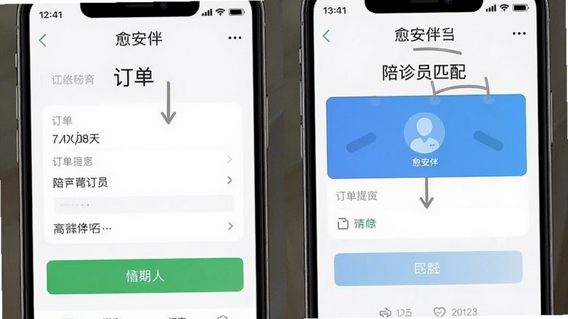 愈安伴 手机应用操作界面截图 展示订单提交与陪诊人员匹配页面 简洁直观的用户引导设计