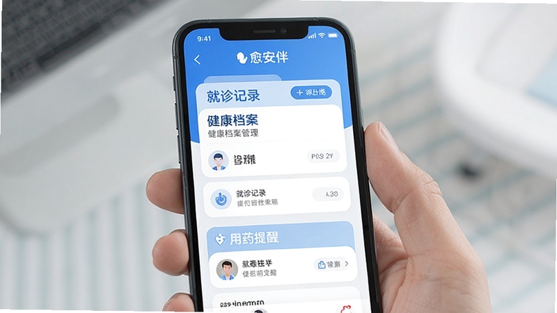 愈安伴 健康档案管理界面 手机屏幕显示就诊记录和用药提醒 简洁现代UI设计 蓝色调健康主题