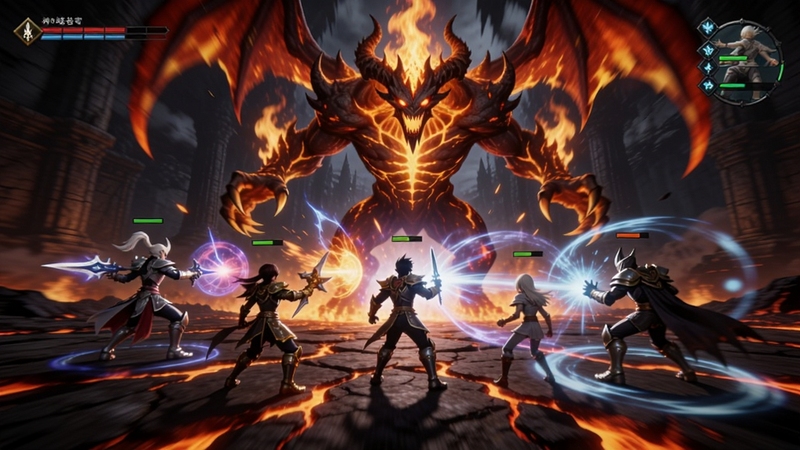 神域苍穹 多人副本战斗画面 五名角色围攻一只巨大的火焰恶魔BOSS,技能光效绚烂,地面有熔岩裂纹,画面充满动感,主体为BOSS与玩家角色,背景为地下宫殿场景