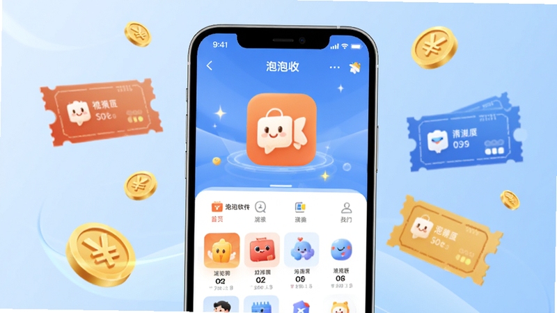 ����������������չʾ�������������ֻ���Ļ��ʾ������APP��ҳ������Ϊǳ��ɫ���䣬��ΧƯ���ſ�ȯ�ͽ��ͼ�꣬���������¼�࣬�Ƽ���������н��