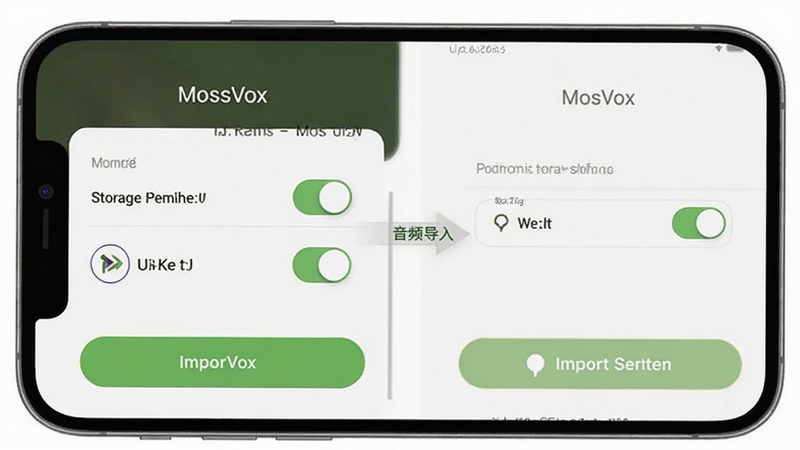 MossVox �ƶ���ʹ�ý����ͼ��չʾȨ����������Ƶ���벽�裬�ֻ���Ļ����ʾ�洢Ȩ�޿��غ͵��밴ť������Ϊ����ǳɫ���棬ͻ�� MossVox ��������