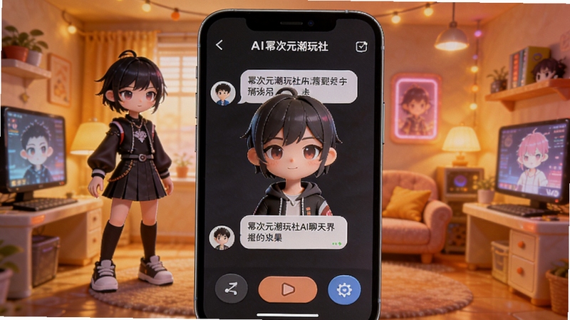 幂次元潮玩社AI聊天界面预览图,画面主体为手机屏幕中虚拟角色与用户的对话气泡,背景区域为暖色调的次元风格房间,细节包括角色立绘、聊天气泡与功能按钮,适配Boogu模型生成