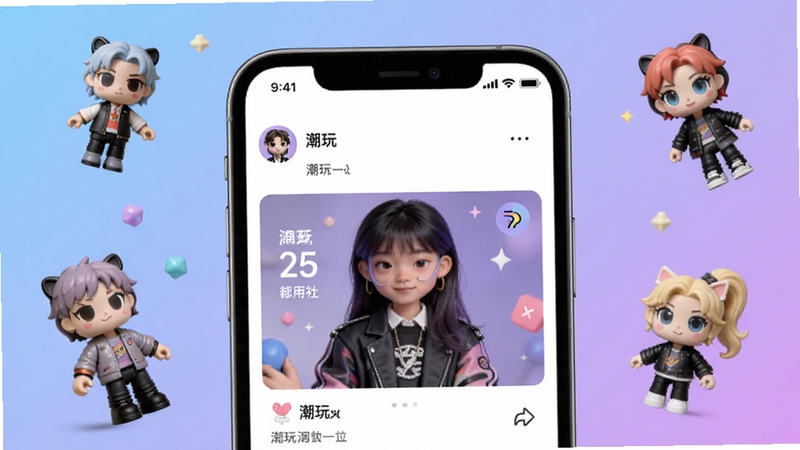幂次元潮玩社应用主界面展示,画面中心为手机屏幕内的潮玩社区首页,背景区域为柔和的蓝紫色渐变与漂浮的潮玩手办元素,整体风格年轻时尚,适配Boogu模型生成