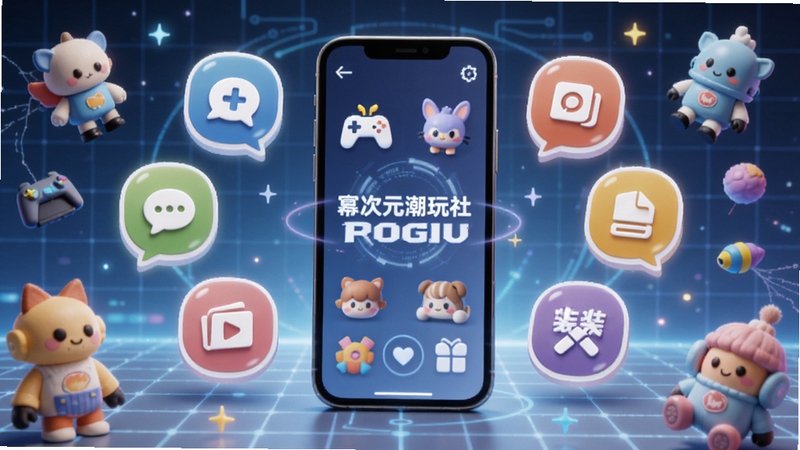 幂次元潮玩社功能特色展示图,画面主体为多个功能图标环绕手机屏幕,背景区域为浅色科技感网格与潮玩元素点缀,突出社区、聊天、资讯、装扮四大模块,适配Boogu模型生成