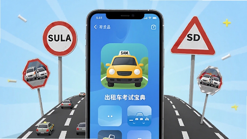 出租车考试宝典APP主界面展示,手机屏幕居中放置,周围环绕出租车、道路、交通标志等元素,背景为浅蓝色渐变,整体风格简洁清爽,适合软件下载站展示使用