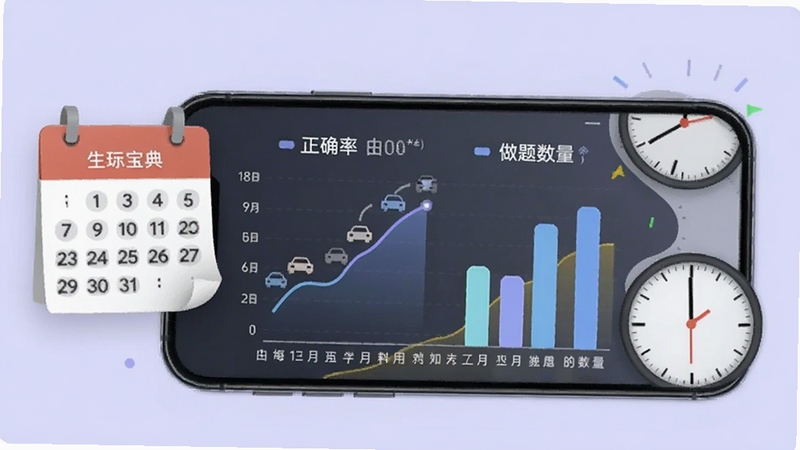 出租车考试宝典学习进度统计图表,手机屏幕展示正确率曲线和做题数量柱状图,旁边有日历和时钟元素,背景为淡紫色,整体数据可视化风格