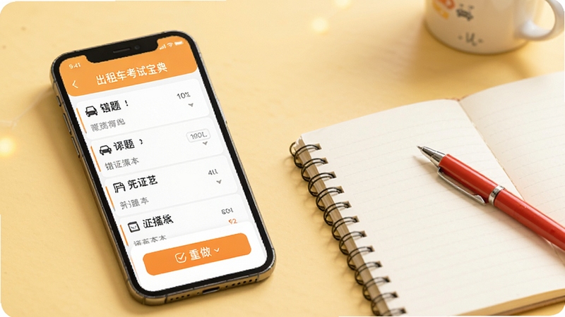 出租车考试宝典错题本功能展示图,手机屏幕显示错题列表和重做按钮,旁边有笔记本和红笔元素,背景为浅黄色,整体温馨学习氛围