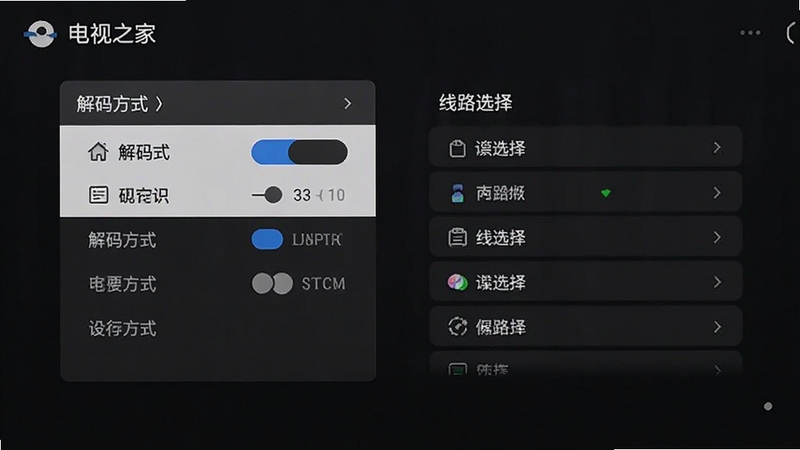 电视之家播放设置界面截图,画面中显示解码方式切换菜单与线路选择列表,背景为深色电视UI风格,文字清晰可辨,适配Boogu模型生成