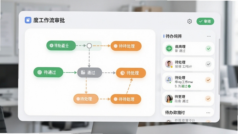 有度工作流审批界面,柔和圆角卡片风格,审批流程节点图与待办列表,绿色通过标识与橙色待处理标识,现代办公视觉