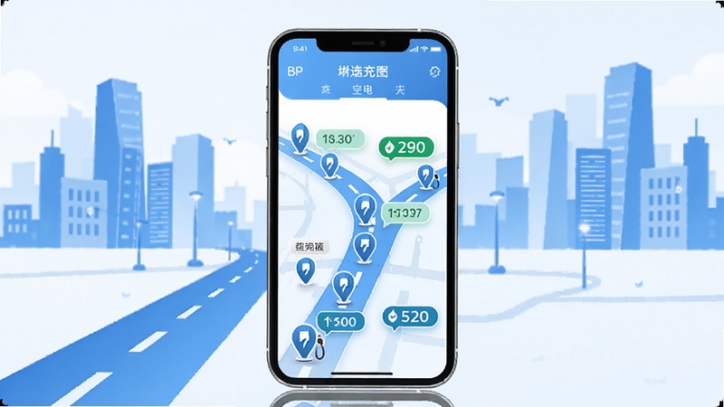 BP充电APP首页地图找桩界面展示,手机屏幕中央显示附近充电站图标与空闲数量标签,背景为城市道路与建筑轮廓,整体色调以蓝白为主,画面清晰明亮