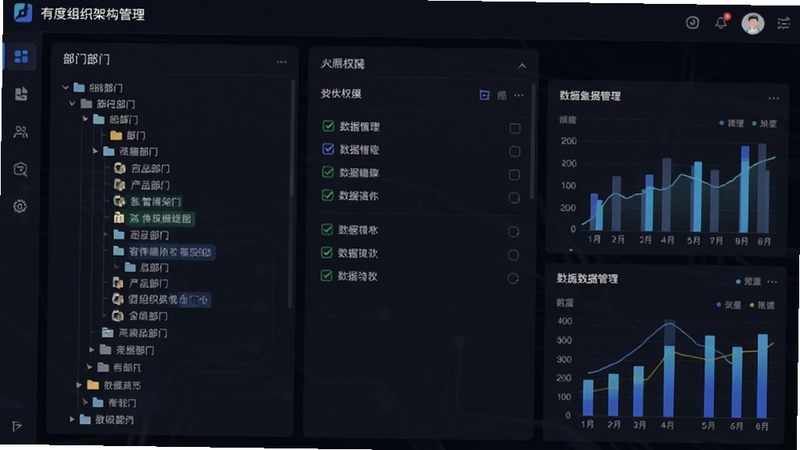 有度组织架构管理后台界面,深色科技风,树形部门列表与权限勾选面板,数据可视化图表点缀,专业企业软件风格
