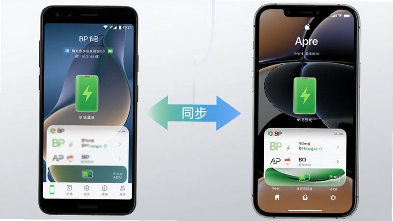 BP充电多设备同步示意图,画面左侧为安卓手机,右侧为苹果手机,两部手机屏幕均显示BP充电APP界面,中间用同步箭头连接,背景为淡灰色渐变,突出跨平台数据同步概念