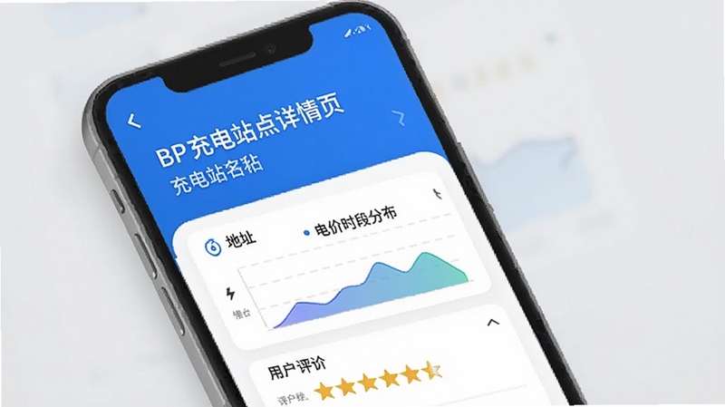 BP充电站点详情页示意图,手机屏幕显示充电站名称、地址、快充慢充数量、电价时段分布以及用户评价星级,界面布局清晰,蓝白配色,背景为浅灰色,突出信息可视化