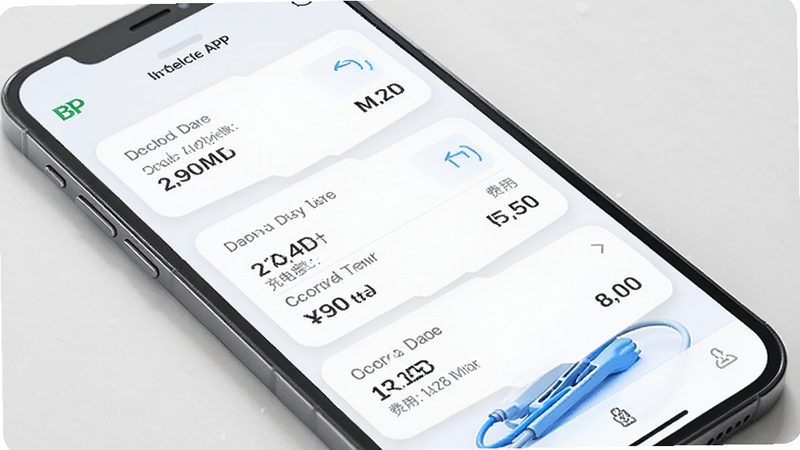 BP充电APP充电记录页面展示,手机屏幕中显示多笔充电订单列表,包含日期、充电度数、费用金额等数据,界面采用卡片式布局,浅色背景搭配蓝色强调色,整体风格清爽简洁