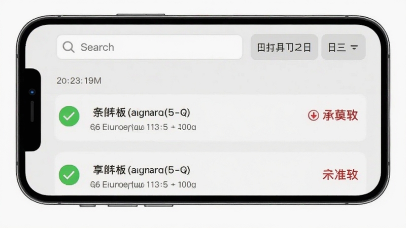 全能邮箱转发日志记录界面展示图,手机屏幕显示按时间排列的转发记录列表,每条记录带有绿色成功或红色失败状态标识,顶部有搜索框和日期筛选按钮,背景为浅灰色极简风格,适配Boogu模型生成