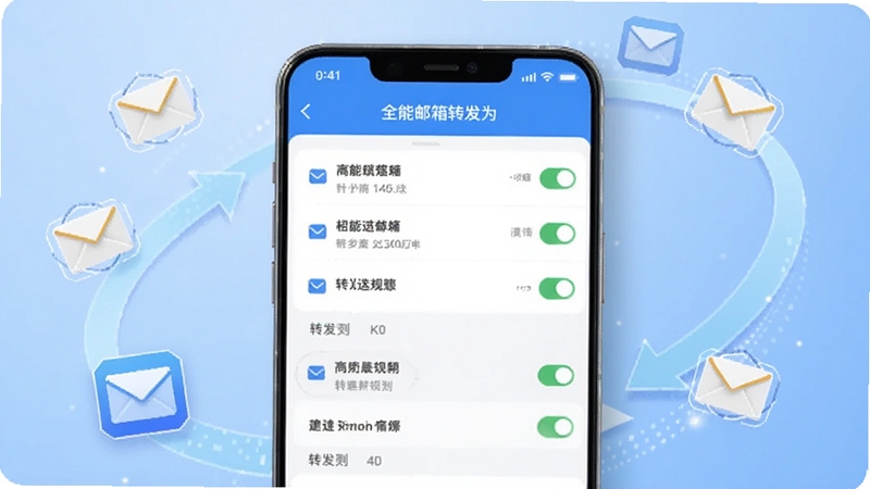 一款名为全能邮箱转发的手机应用界面展示,画面中央是软件主界面,显示多个邮箱账号列表和转发规则开关按钮,背景为浅蓝色渐变科技风格,四周环绕邮件图标和箭头流转元素,整体构图清晰明亮,适配Boogu模型生成